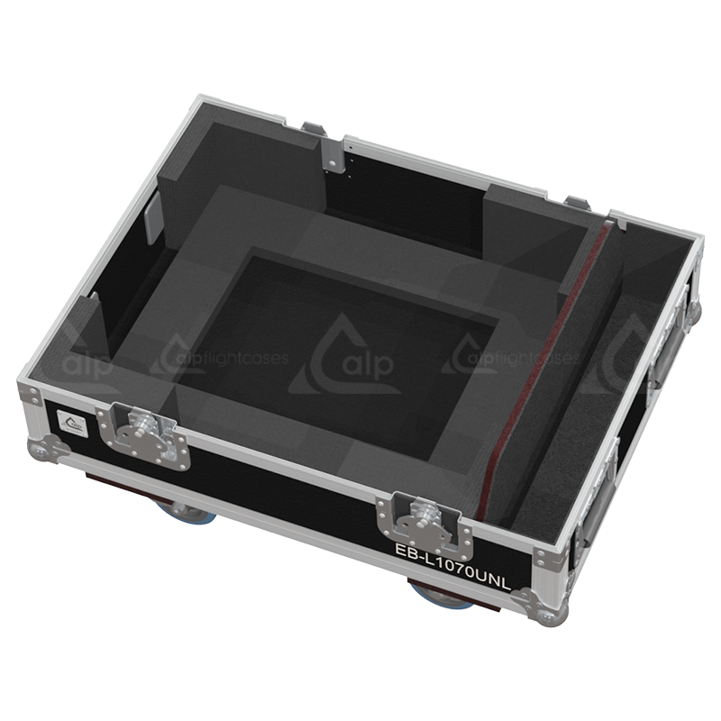 Open view of the projector flight case interior highlighting the custom shock-absorbing foam lining precisely engineered for the Epson EB-L1070U mounted in its frame