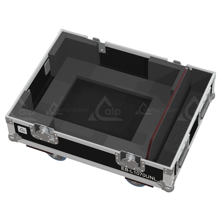 Open view of the projector flight case interior highlighting the custom shock-absorbing foam lining precisely engineered for the Epson EB-L1070U mounted in its frame