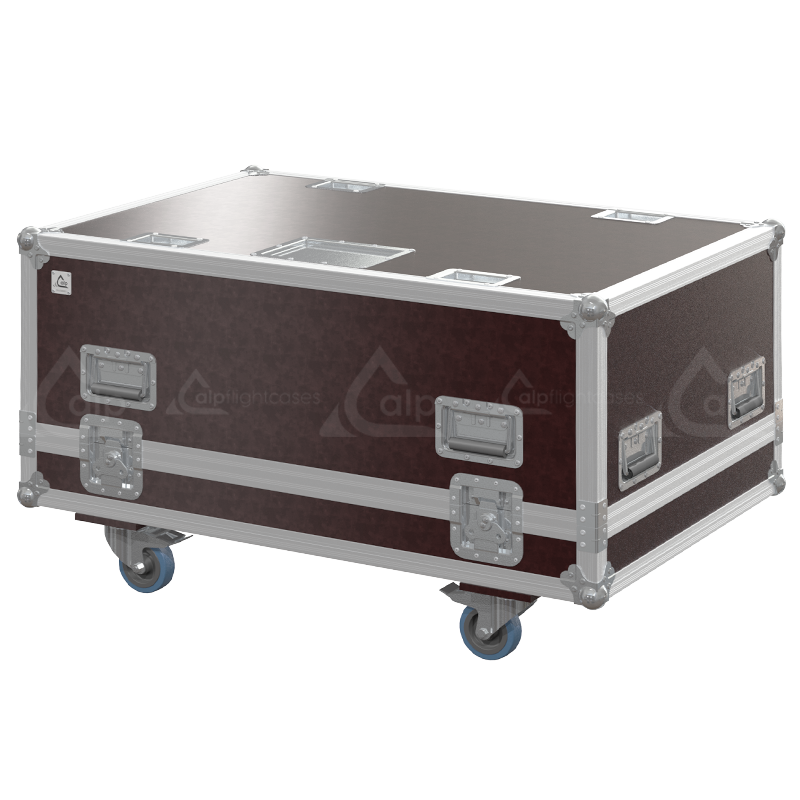 Exterior front view of the professional Epson EB-L1075U and V2 frame flight case featuring 9mm Birch Plywood, Brown Phenolic finish, and heavy-duty 100mm wheels by ALP Flight Cases