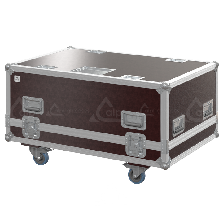 Exterior front view of the professional Epson EB-L1075U and V2 frame flight case featuring 9mm Birch Plywood, Brown Phenolic finish, and heavy-duty 100mm wheels by ALP Flight Cases