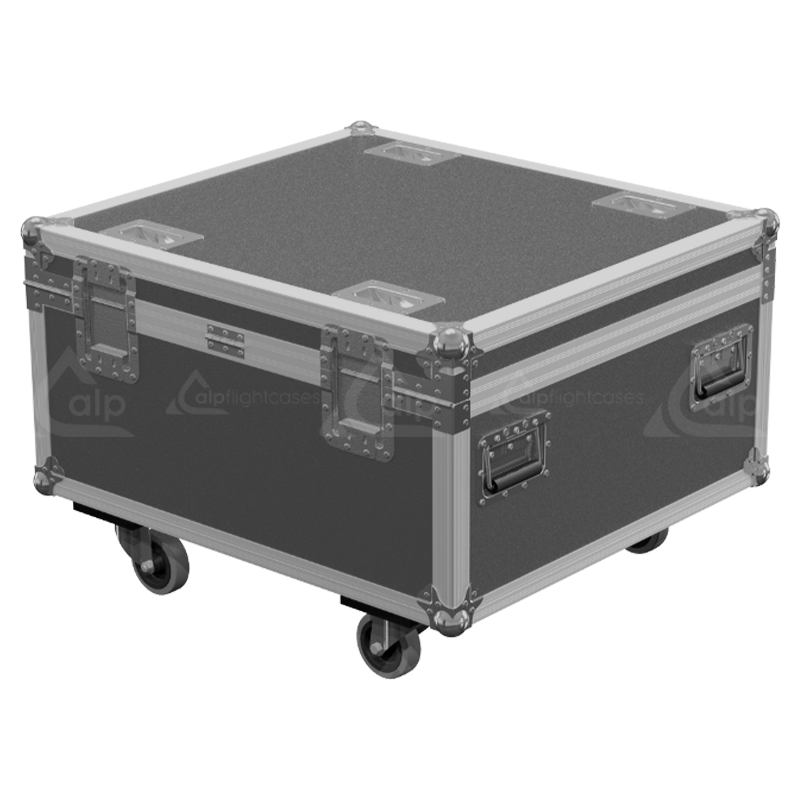 Rear exterior view of the flight case showcasing the structural integrity, heavy-duty Lidstays with Hinge, and professional touring aesthetic