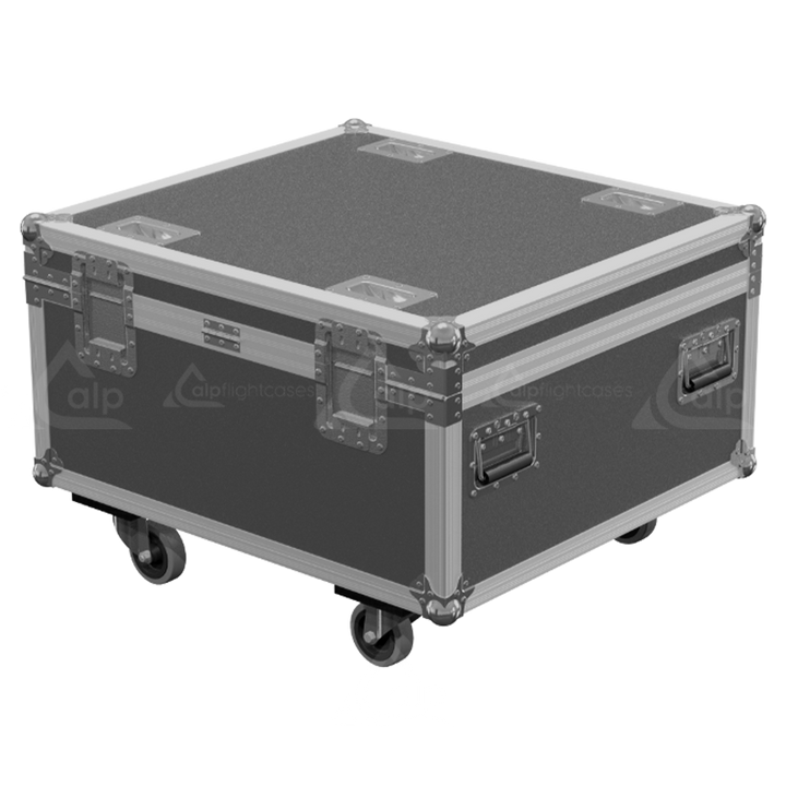 Rear exterior view of the flight case showcasing the structural integrity, heavy-duty Lidstays with Hinge, and professional touring aesthetic