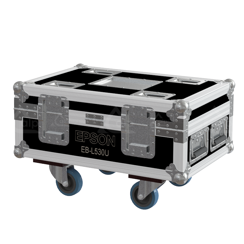 Rear exterior view of the flight case showcasing the structural integrity, heavy-duty Lidstays with Hinge, and professional touring aesthetic
