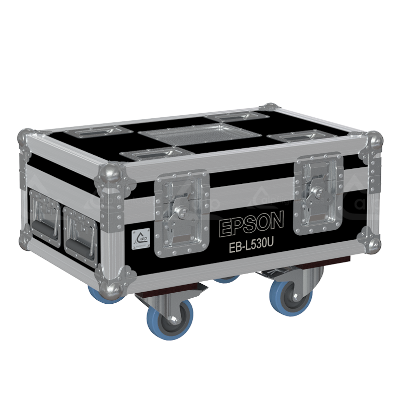 Exterior front view of the professional Epson EB-L530U projector flight case featuring 10mm Birch Plywood, durable PVC finish, and heavy-duty 100mm wheels by ALP Flight Cases