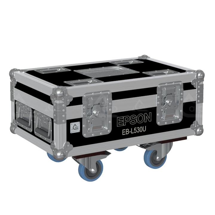 Exterior front view of the professional Epson EB-L530U projector flight case featuring 10mm Birch Plywood, durable PVC finish, and heavy-duty 100mm wheels by ALP Flight Cases