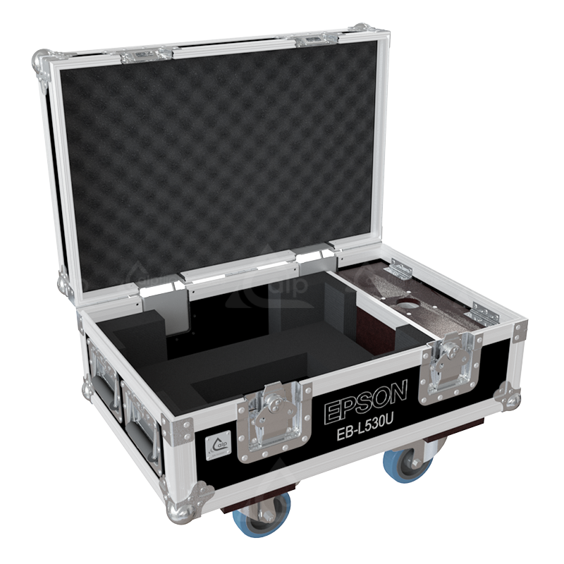 Open view of the projector flight case interior highlighting the custom shock-absorbing foam lining precisely engineered for the Epson EB-L530U optics and chassis