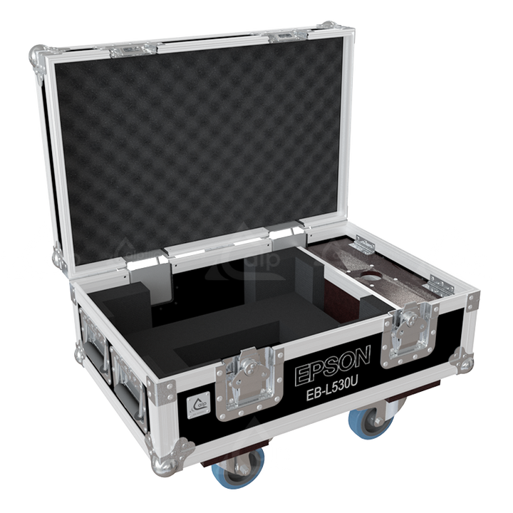 Open view of the projector flight case interior highlighting the custom shock-absorbing foam lining precisely engineered for the Epson EB-L530U optics and chassis