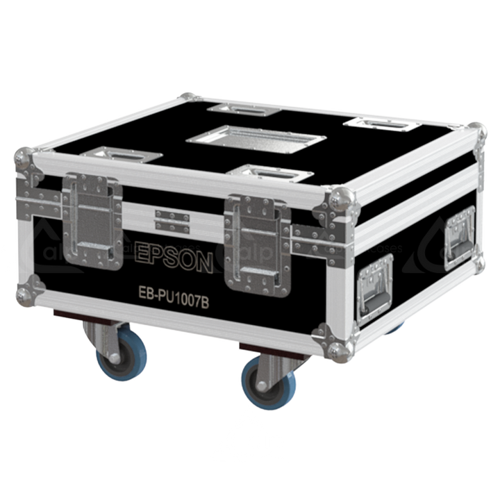 Rear exterior view of the flight case showcasing the structural integrity, heavy-duty Lidstays with Hinge, and professional touring aesthetic