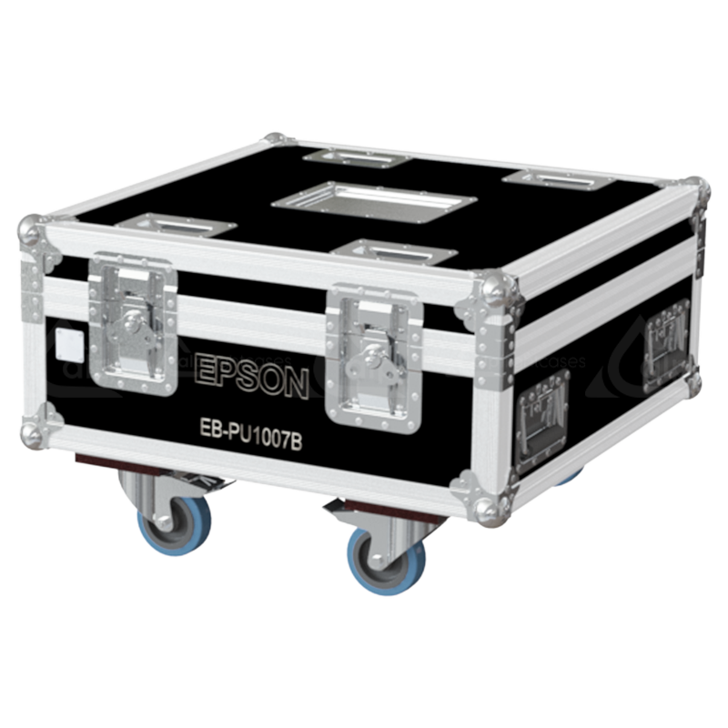 Exterior front view of the professional Epson EB-PU1007B projector flight case featuring 10mm Birch Plywood, durable PVC finish, and heavy-duty 100mm wheels by ALP Flight Cases
