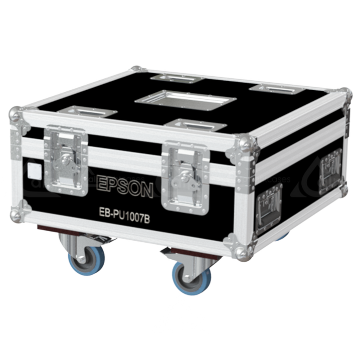 Exterior front view of the professional Epson EB-PU1007B projector flight case featuring 10mm Birch Plywood, durable PVC finish, and heavy-duty 100mm wheels by ALP Flight Cases
