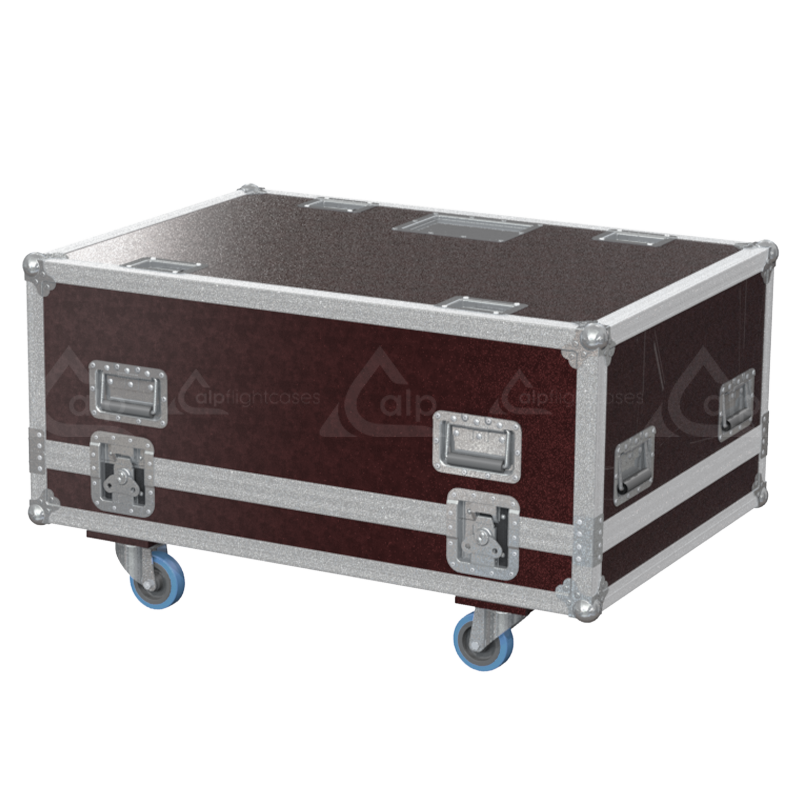 Rear exterior view of the flight case showcasing the structural integrity, unique brown finish, and professional touring aesthetic