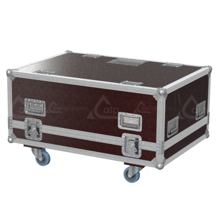 Rear exterior view of the flight case showcasing the structural integrity, unique brown finish, and professional touring aesthetic