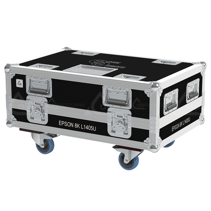 Exterior front view of the professional Epson L1405U projector flight case featuring 10mm Birch Plywood, durable PVC finish, and heavy-duty 100mm wheels by ALP Flight Cases
