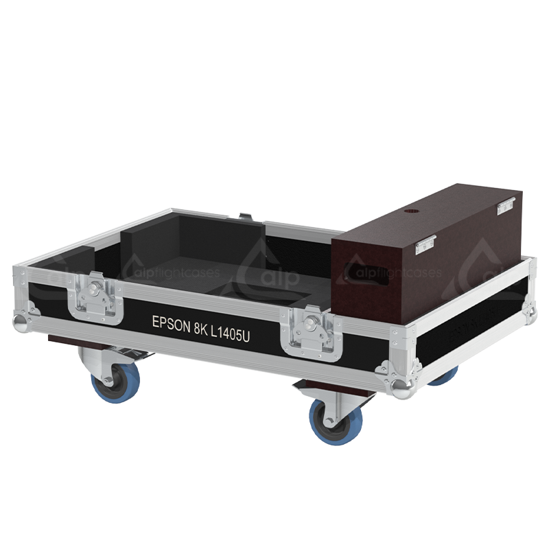 Open view of the projector flight case interior highlighting the custom shock-absorbing foam lining precisely engineered for the Epson L1405U optics and chassis