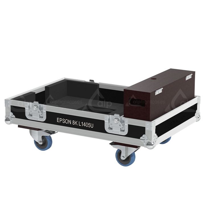 Open view of the projector flight case interior highlighting the custom shock-absorbing foam lining precisely engineered for the Epson L1405U optics and chassis