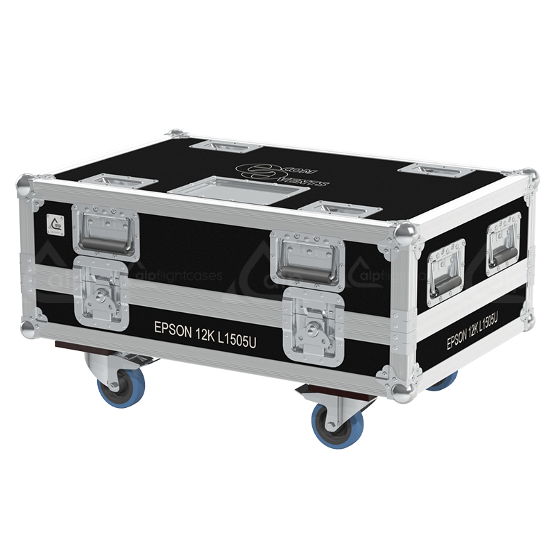 Exterior front view of the professional Epson L1505U projector flight case featuring 10mm Birch Plywood, durable PVC finish, and heavy-duty 100mm wheels by ALP Flight Cases