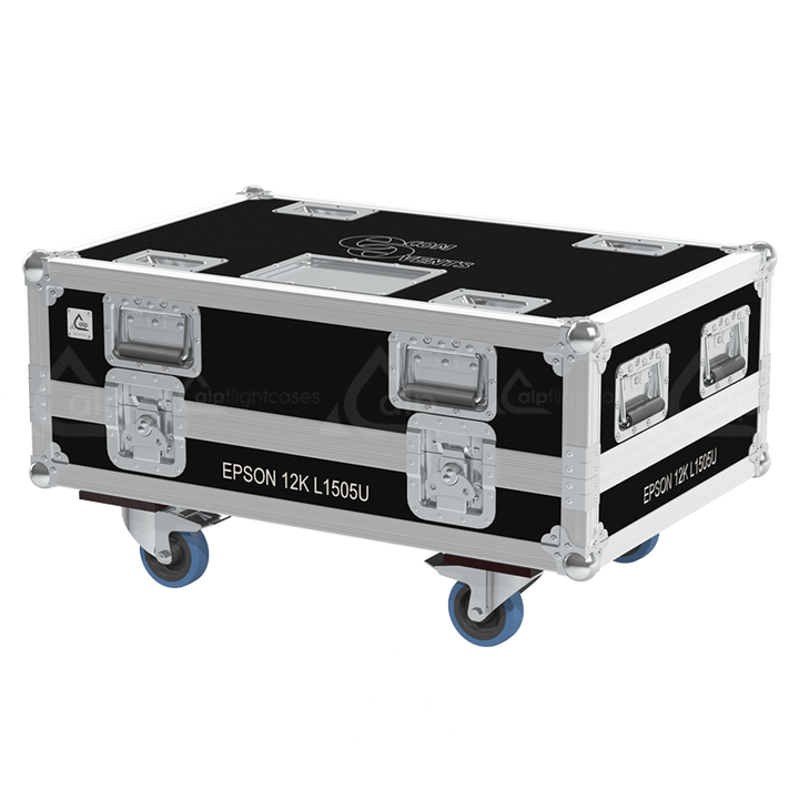 Exterior front view of the professional Epson L1505U projector flight case featuring 10mm Birch Plywood, durable PVC finish, and heavy-duty 100mm wheels by ALP Flight Cases