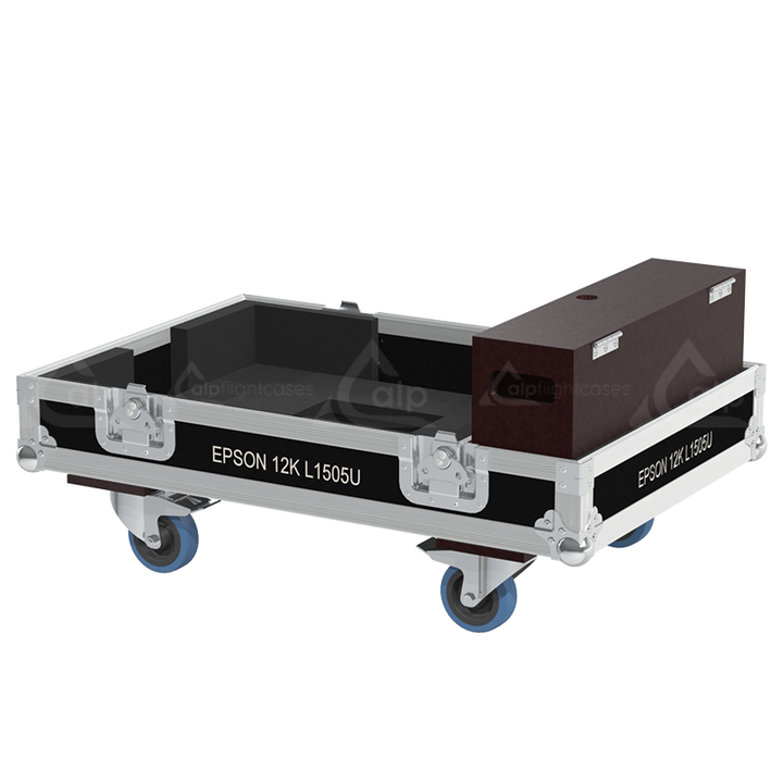 Open view of the projector flight case interior highlighting the custom shock-absorbing foam lining precisely engineered for the Epson L1505U optics and chassis