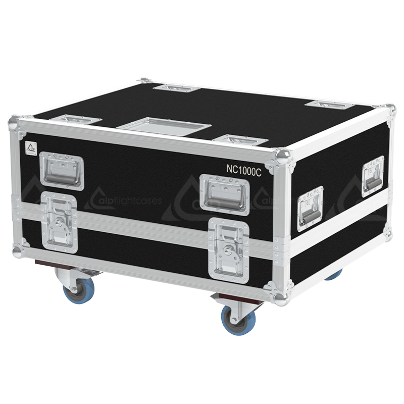 Exterior front view of the professional NEC NC1000C projector flight case featuring 10mm Birch Plywood, durable PVC finish, and heavy-duty wheels by ALP Flight Cases