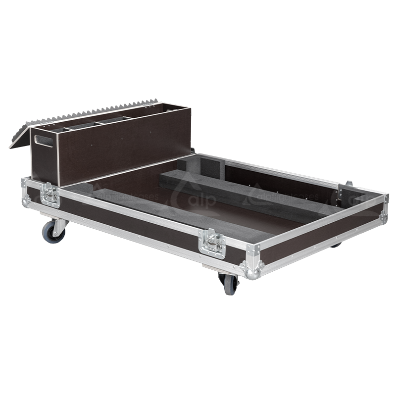 Rear exterior view of the flight case showcasing the structural integrity, PVC finishing, and professional touring aesthetic