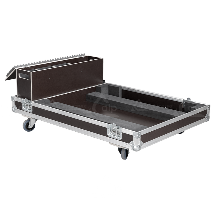 Rear exterior view of the flight case showcasing the structural integrity, PVC finishing, and professional touring aesthetic
