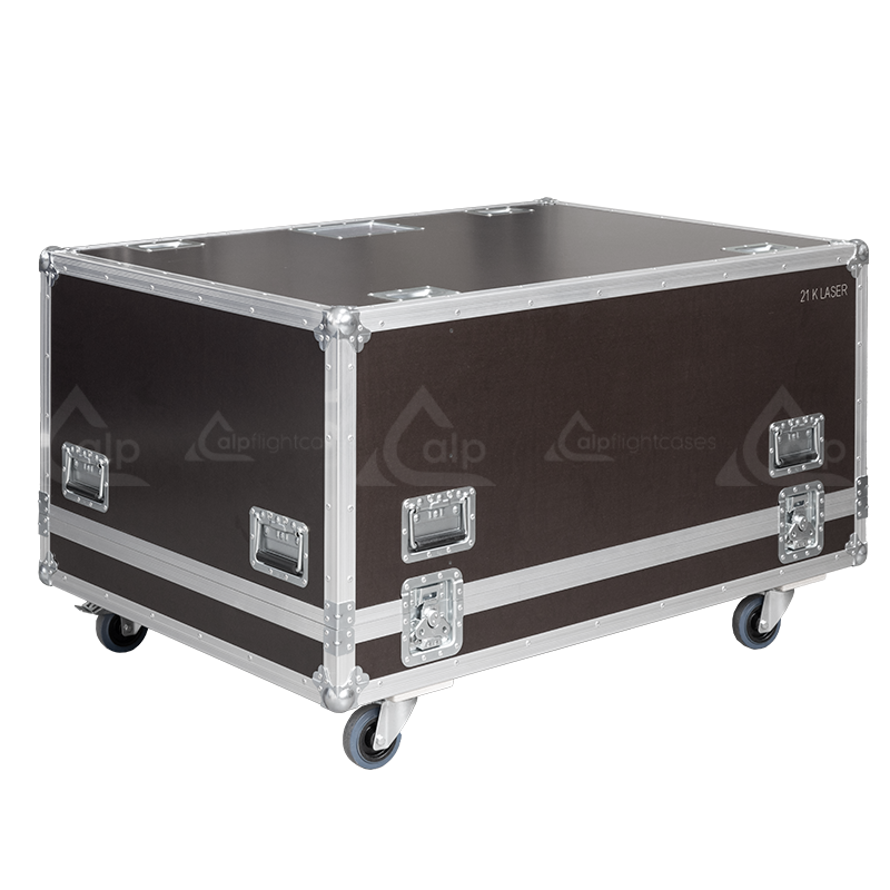 Exterior front view of the professional Panasonic PT-RZ21K and frame flight case featuring 10mm Birch Plywood, durable PVC finish, and heavy-duty 100mm wheels by ALP Flight Cases