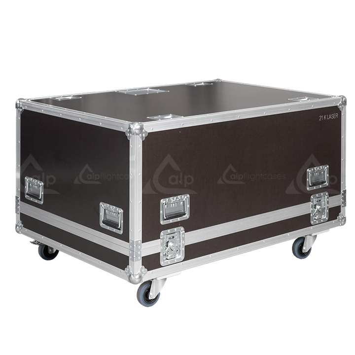Exterior front view of the professional Panasonic PT-RZ21K and frame flight case featuring 10mm Birch Plywood, durable PVC finish, and heavy-duty 100mm wheels by ALP Flight Cases