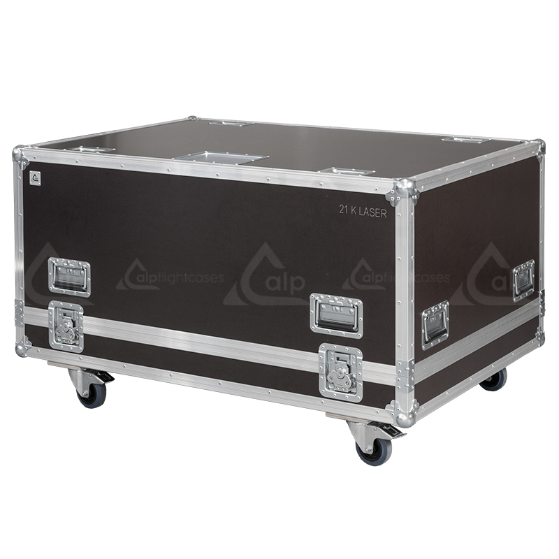 Exterior front view of the professional Panasonic PT-RZ21K and frame flight case featuring 10mm Birch Plywood, durable PVC finish, and heavy-duty 100mm wheels by ALP Flight Cases