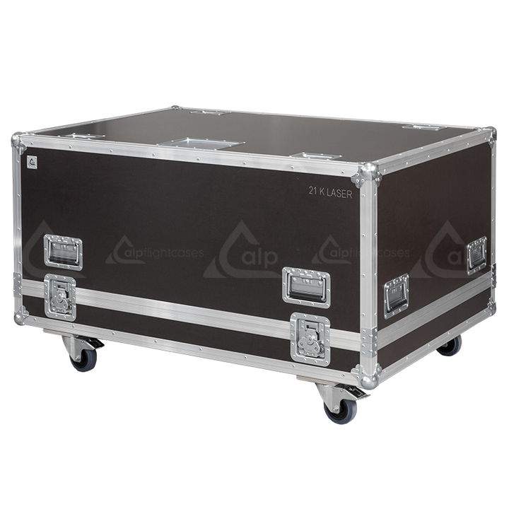 Exterior front view of the professional Panasonic PT-RZ21K and frame flight case featuring 10mm Birch Plywood, durable PVC finish, and heavy-duty 100mm wheels by ALP Flight Cases