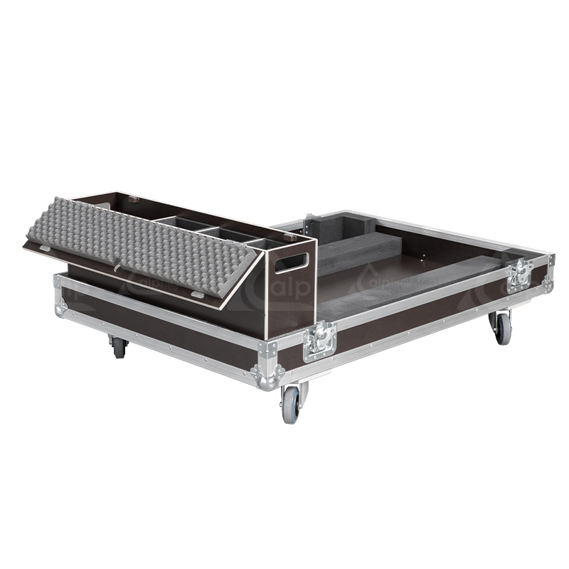 Open view of the massive projector flight case interior highlighting the custom shock-absorbing foam lining precisely engineered for the Panasonic PT-RZ21K mounted in its frame