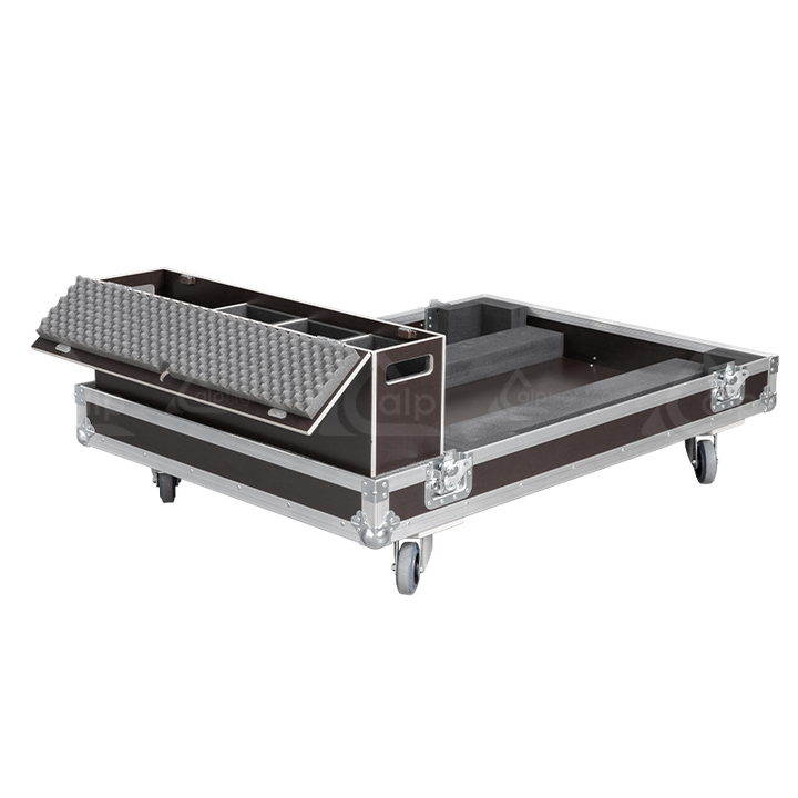 Open view of the massive projector flight case interior highlighting the custom shock-absorbing foam lining precisely engineered for the Panasonic PT-RZ21K mounted in its frame