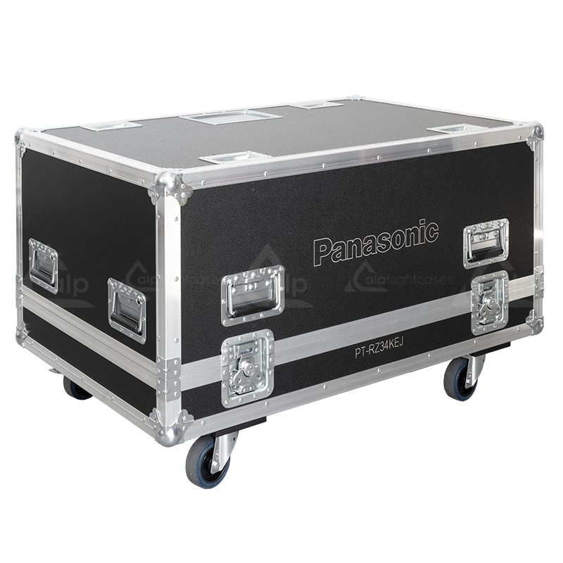 Rear exterior view of the flight case showcasing the structural integrity, PVC finishing, and professional touring aesthetic