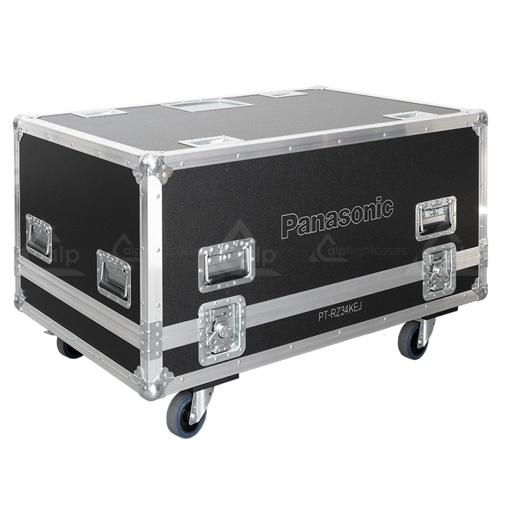 Rear exterior view of the flight case showcasing the structural integrity, PVC finishing, and professional touring aesthetic