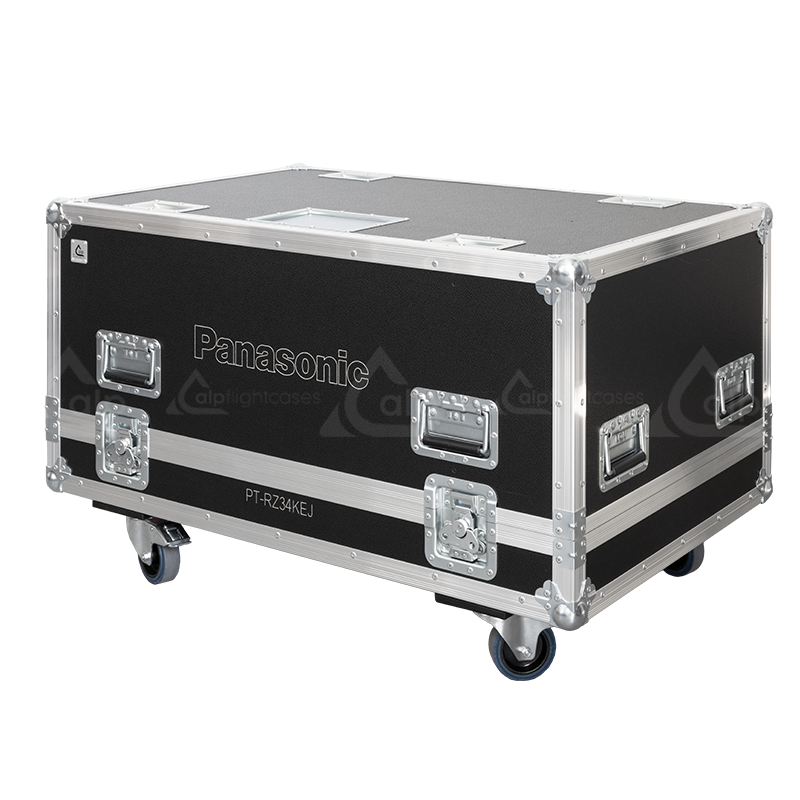 Exterior front view of the professional Panasonic PT-RZ34KEJ projector flight case featuring 10mm Birch Plywood, durable PVC finish, and heavy-duty 100mm wheels by ALP Flight Cases