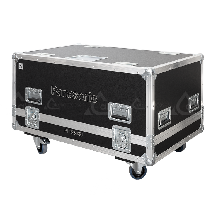 Exterior front view of the professional Panasonic PT-RZ34KEJ projector flight case featuring 10mm Birch Plywood, durable PVC finish, and heavy-duty 100mm wheels by ALP Flight Cases