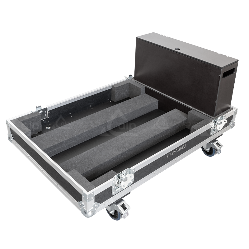 Open view of the large projector flight case interior highlighting the custom shock-absorbing foam lining precisely engineered for the Panasonic PT-RZ34KEJ chassis