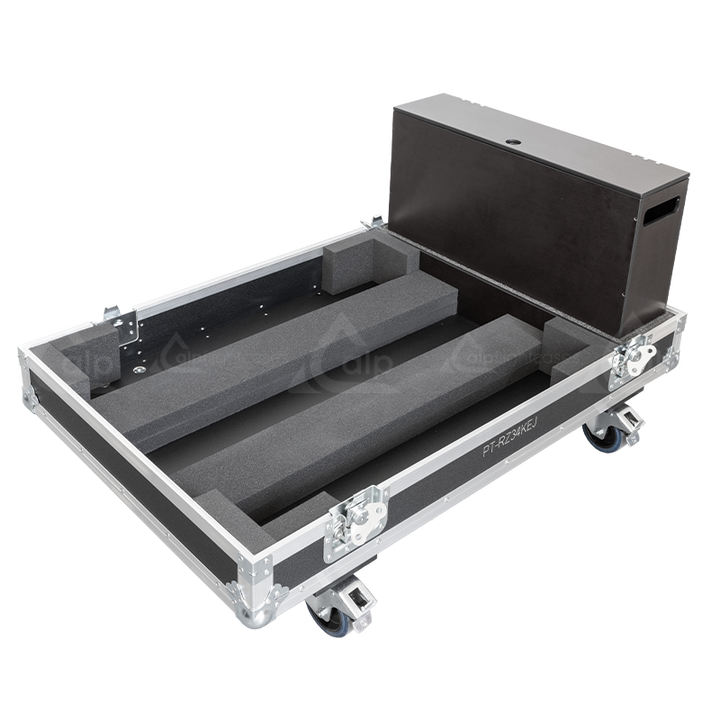 Open view of the large projector flight case interior highlighting the custom shock-absorbing foam lining precisely engineered for the Panasonic PT-RZ34KEJ chassis