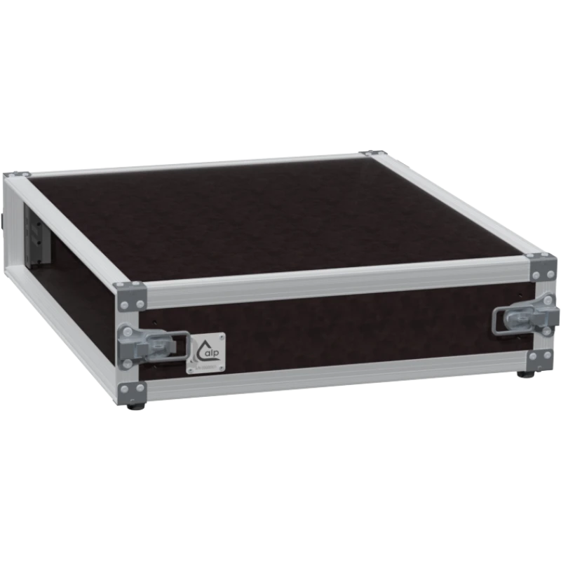 Empty interior of the 2U 450mm rack flight case highlighting the front and rear 19 inch rack plumb columns