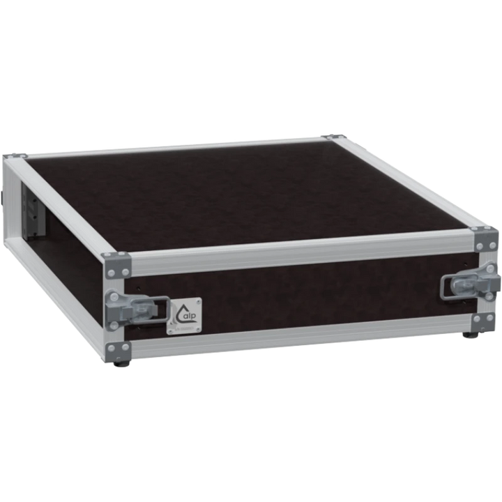 Empty interior of the 2U 450mm rack flight case highlighting the front and rear 19 inch rack plumb columns