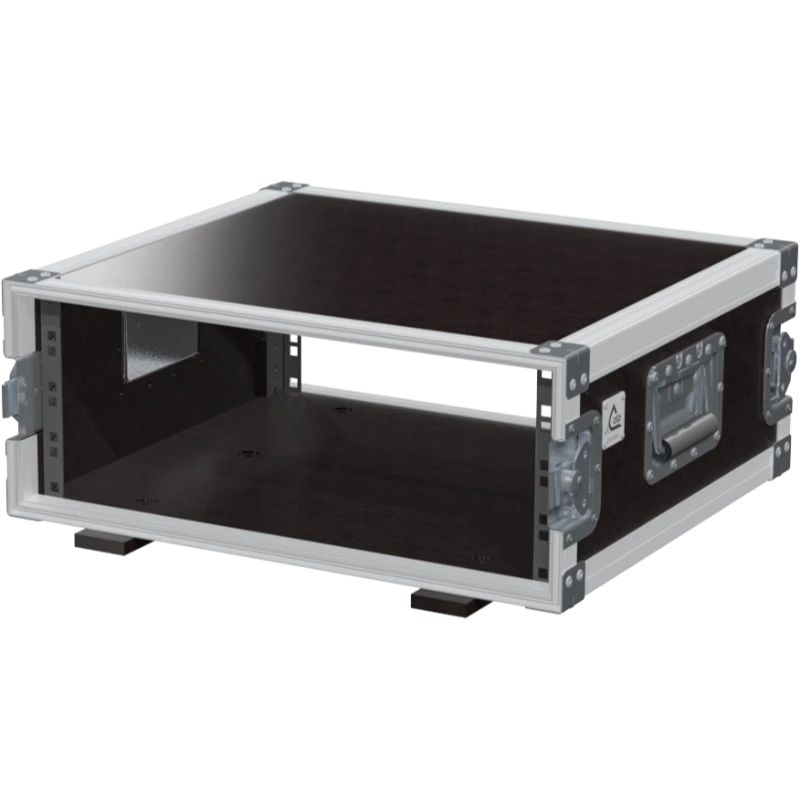 Empty interior of the 4U 450mm rack flight case highlighting the front and rear 19 inch rack plumb columns