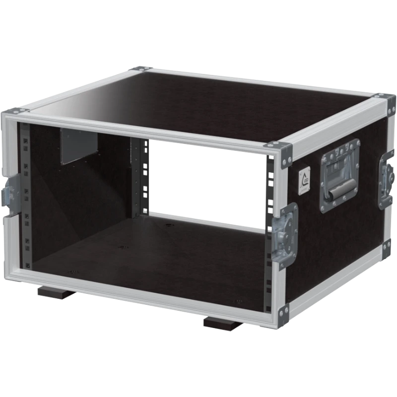 Empty interior of the 6U 450mm rack flight case highlighting the front and rear 19 inch rack plumb columns