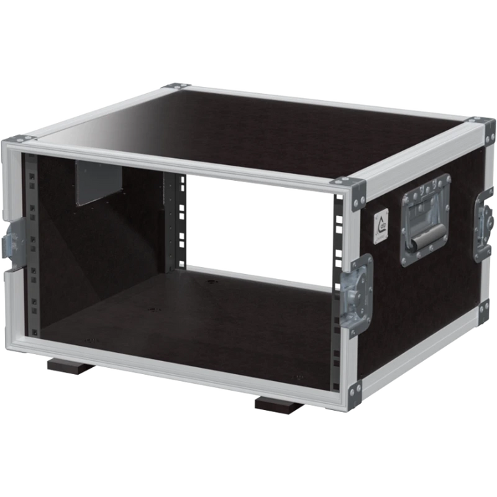 Empty interior of the 6U 450mm rack flight case highlighting the front and rear 19 inch rack plumb columns