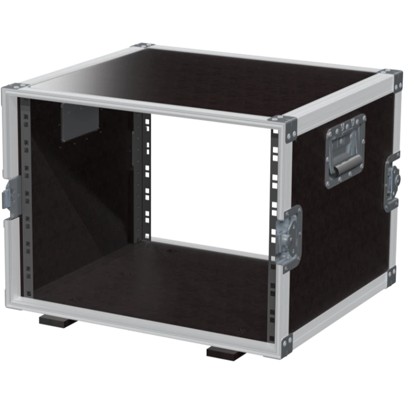 Empty interior of the 8U 450mm rack flight case highlighting the front and rear 19 inch rack plumb columns