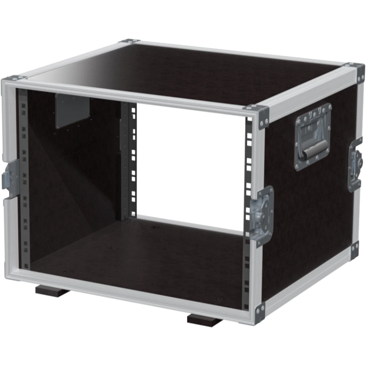 Empty interior of the 8U 450mm rack flight case highlighting the front and rear 19 inch rack plumb columns