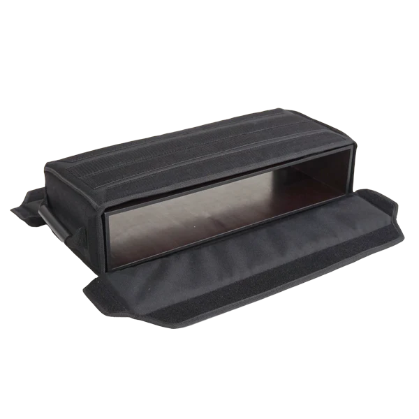 View of the open rack bag without the equipment, highlighting the 4mm plywood structure and 2U rack rails