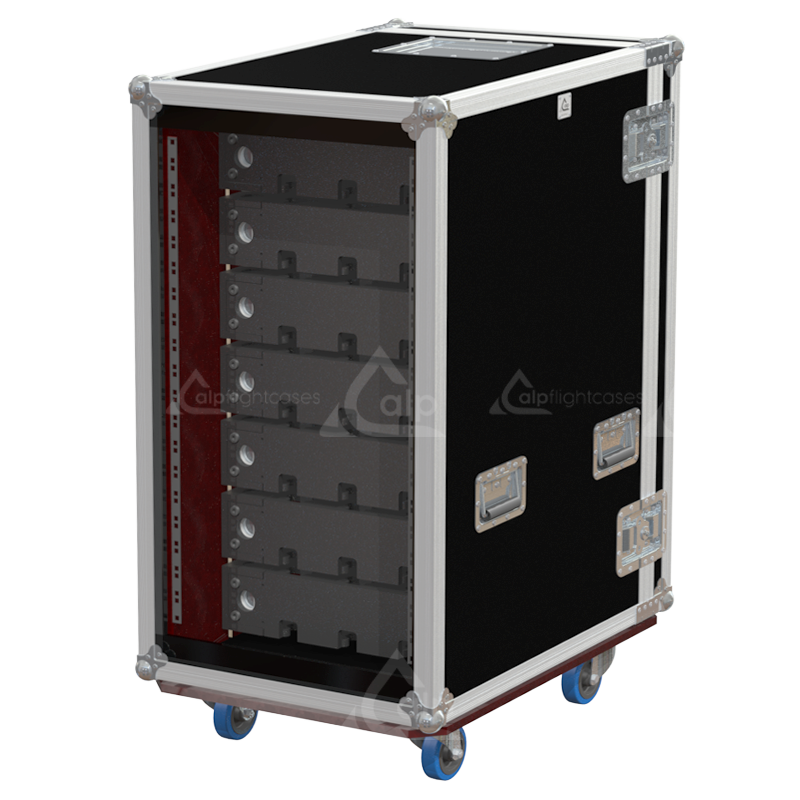 Side profile of the 19U rental rack case showing the PVC finishing, handles, large ball corners, and castors