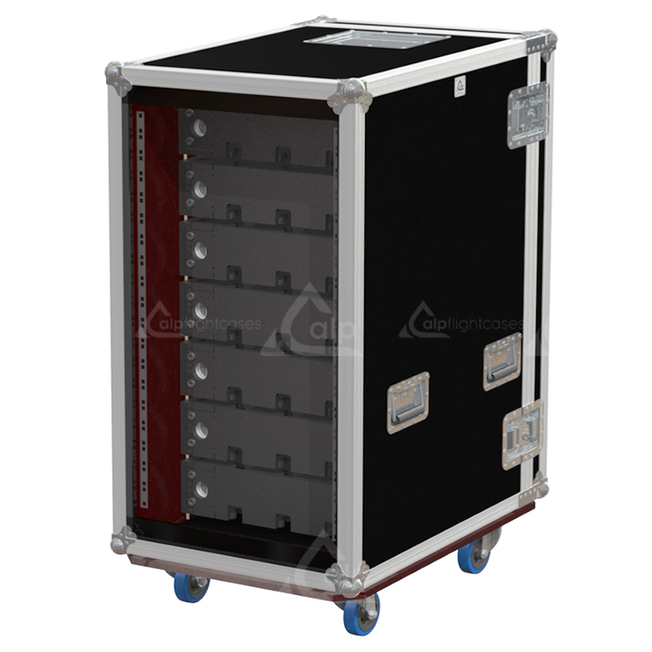 Side profile of the 19U rental rack case showing the PVC finishing, handles, large ball corners, and castors