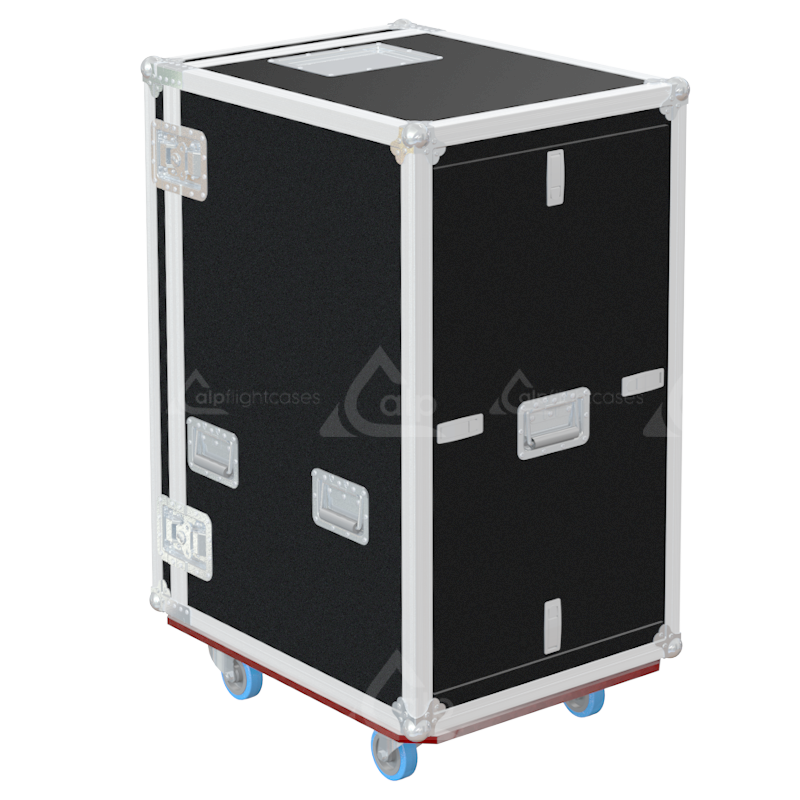 Side profile of the 19U rental rack case showing the PVC finishing, handles, large ball corners, and castors