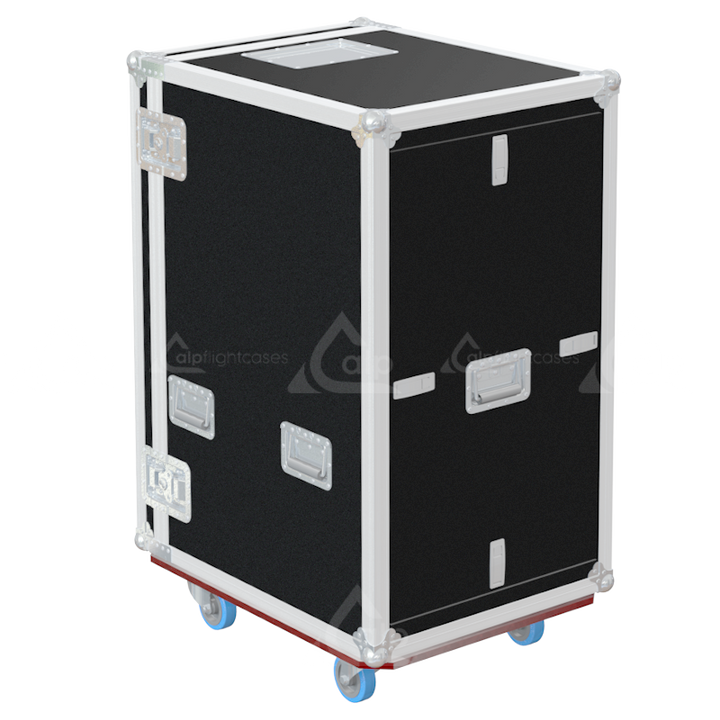 Side profile of the 19U rental rack case showing the PVC finishing, handles, large ball corners, and castors