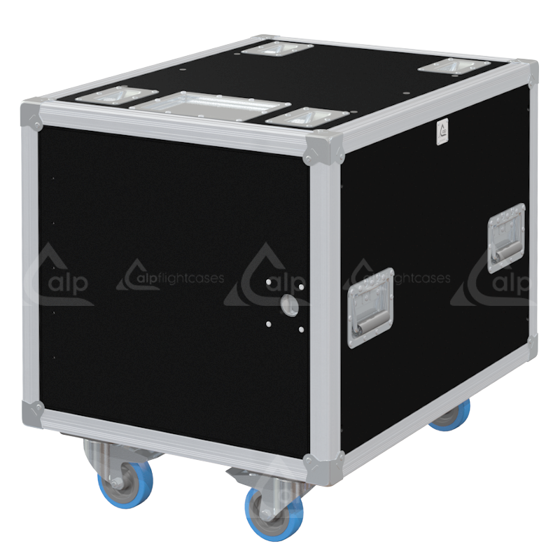 Front view of the professional Rack Side Sliding 19 inch 10U 640mm depth flight case with wheels by ALP Flight Cases
